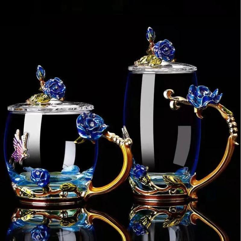 Uropean Enamel Rose Glass Cup Set with Hand-Carved Floral Design – Vintage Luxury Coffee & Tea Cups