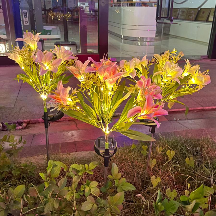 

LED solar powered simulation flower lamp with 7 heads, lily flower lamp, outdoor courtyard garden decoration, lawn and ground pl 7 heads of pink теплый белый