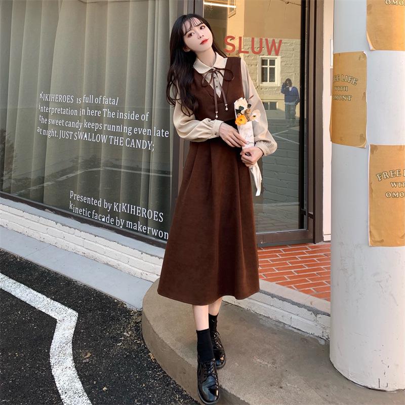 Hepburn Style Women's Corduroy Patchwork Dress - Autumn 2026 Collection, Elegant French Two-Piece Long Dress