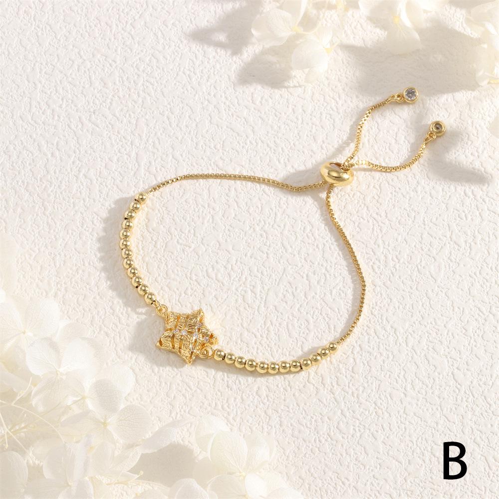 Měděný zirkonový náramek Hvězdná obloha Slunce se srdíčkem a kulatými korálky