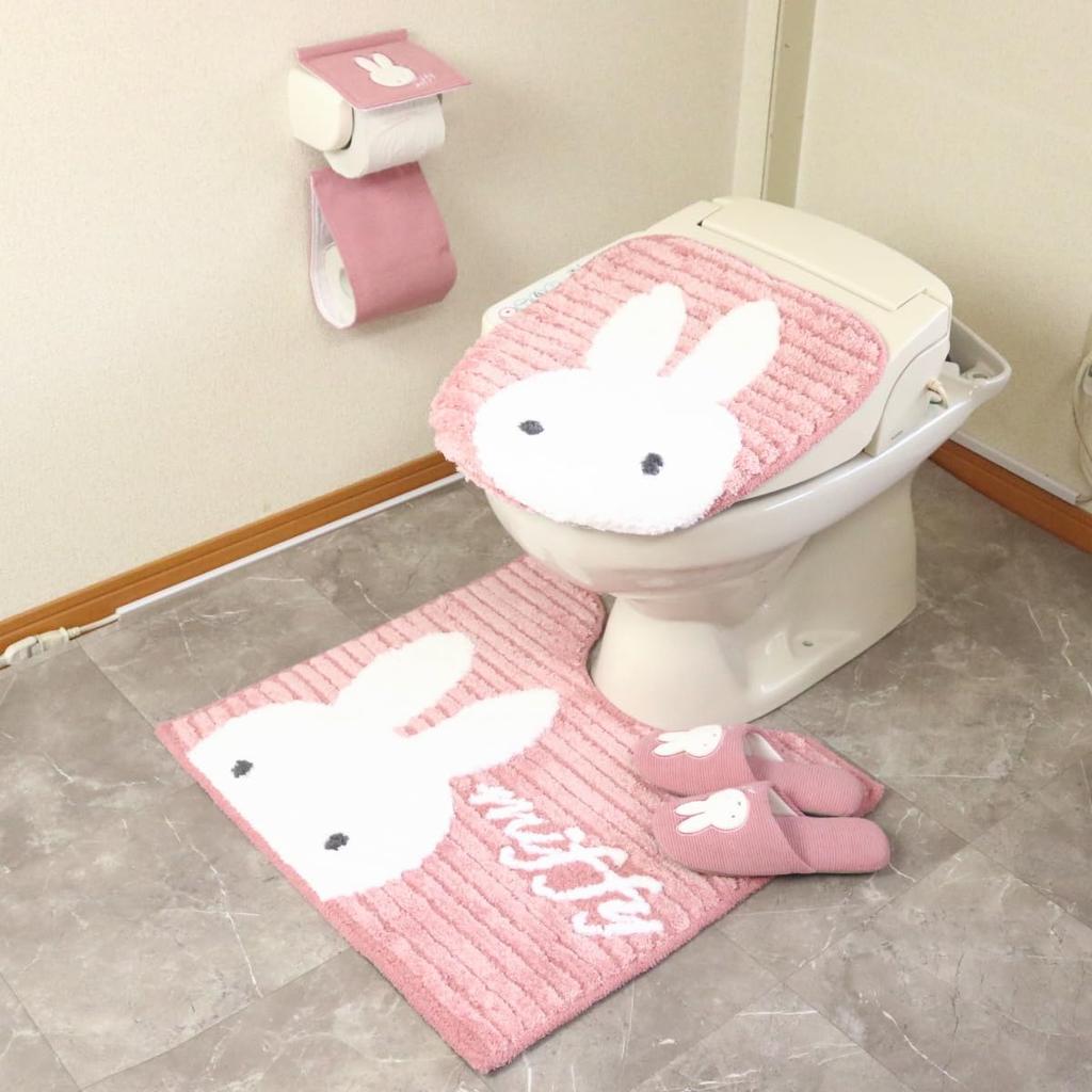 Miffy Toilet Mat Includes Toilet Lid and Paper Holder Senko Prima Miffy Toilet Cover Set with Adhesive A Cute Character 4-Piece Set, Pink, 58x60cm,
