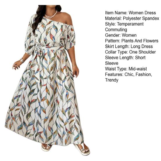 Damen Floral Ein Schulter Maxikleid Kurzarm A-Linie Schwingend Langes Kleid Formell Abendparty Hochzeitsgast Kleid mit