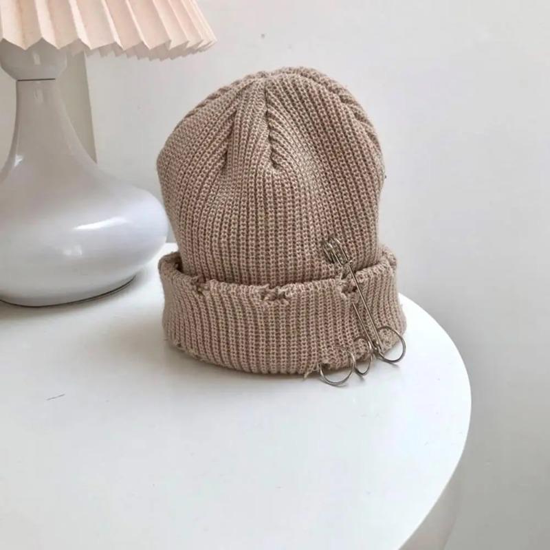 Unisex Warm Knitted Hats Hip Hop Beanies Cap Metal Pin Ring Brimless Hat Ripped Holes Edging Skullcap Hat Winter Caps