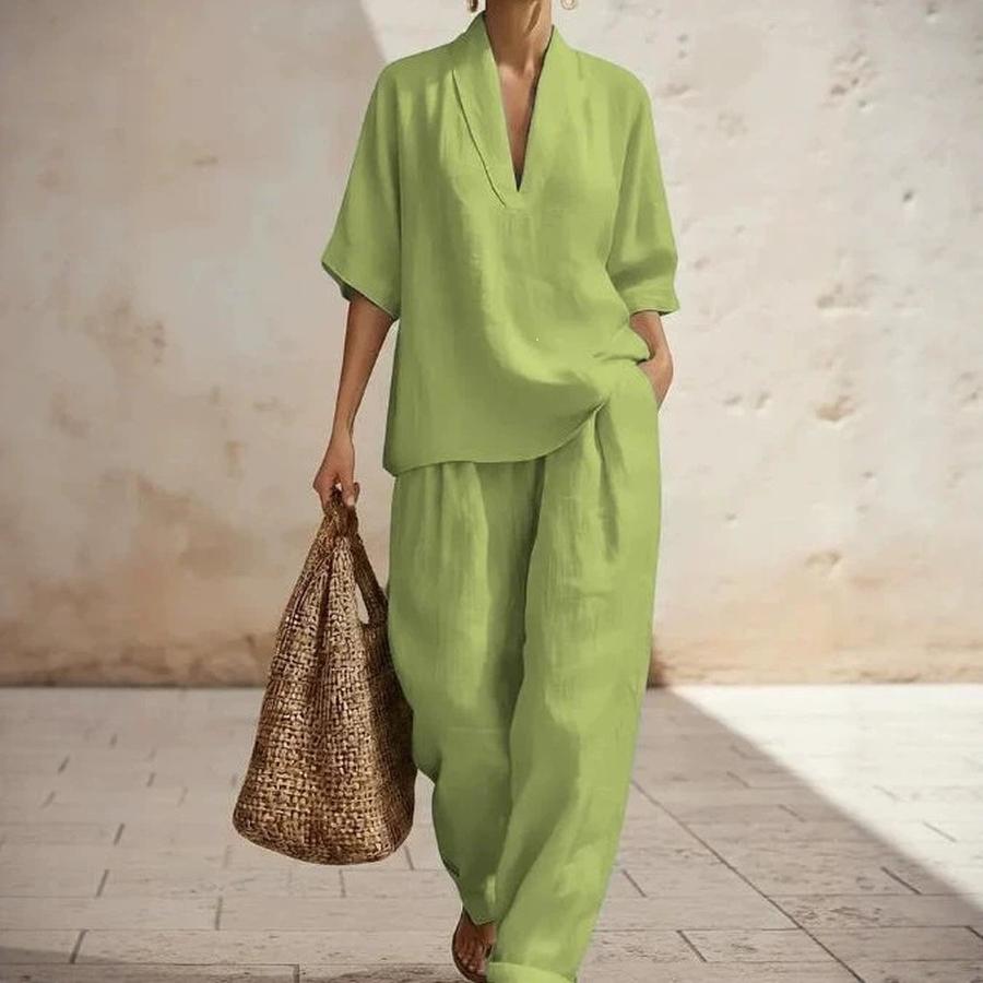 

Spring/Summer Women s Solid Casual Comfortable Linen Two-Piece Set XXXXL шартрез