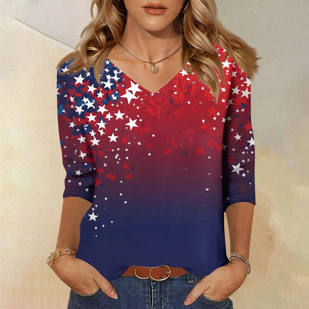 Women's Tops Three-quarter Sleeve Shirt V-neck Loose Casual Shirt Print T-shirt