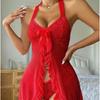 Multicolor Lace Bow Mesh Print Halter Neck Nightgown Lingerie Set