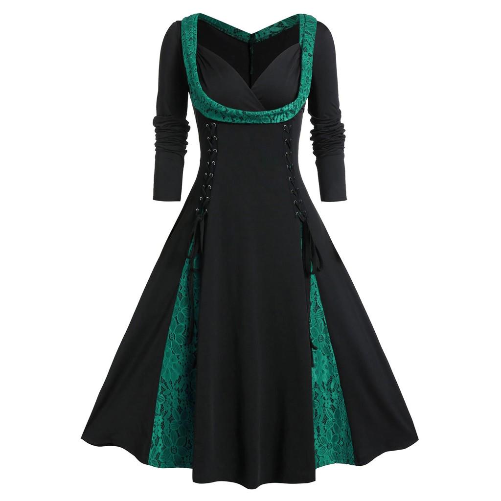 Womne Plus Size Long Sleeve Lace Panel A Line Sweetheart Neck Vintage Dress
