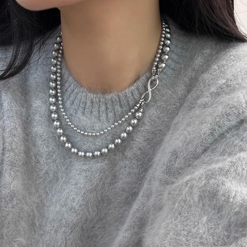 Shi Family Pearl 8-character Clasp Double-Layered Striped Glass Pearl Necklace with Detachable Wool Sweater Chain Gray glass pearls