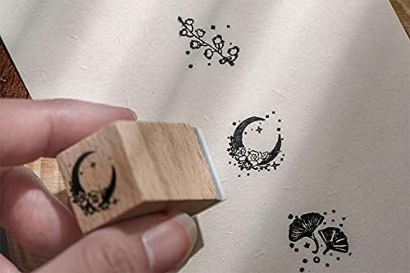 MissOrange Wooden Rubber Stamp Creative Stamp Set for Craft and Set, Moon, Flower, Leaf, Bowknot, Cards, Scrapbooking, Planners, 16-Piece Set, M-26