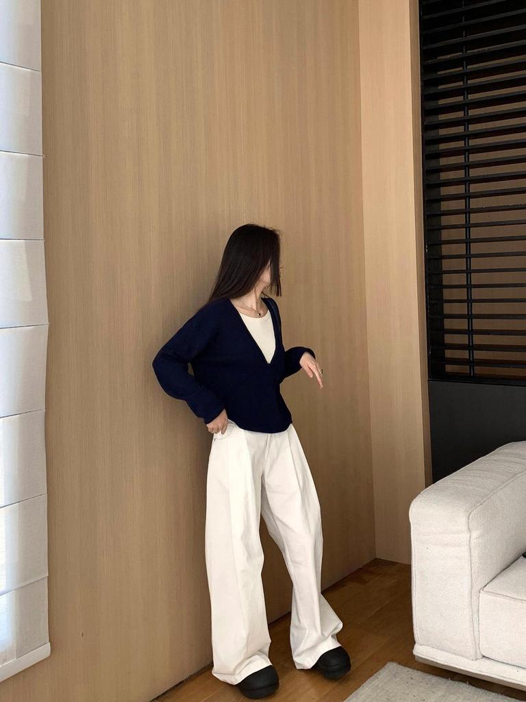 Women's Navy Blue Two-Piece Style Knit Sweater: Autumn/Winter, Loose Fit, Long-Sleeved, Korean-Inspired.