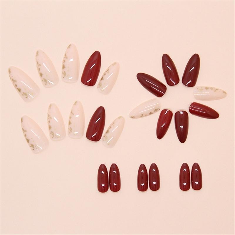 24pcs Acrylic Press On Nail Full Cover False Nail Short Almond Glossy Stripes Designs Artificial Nail Easy Application