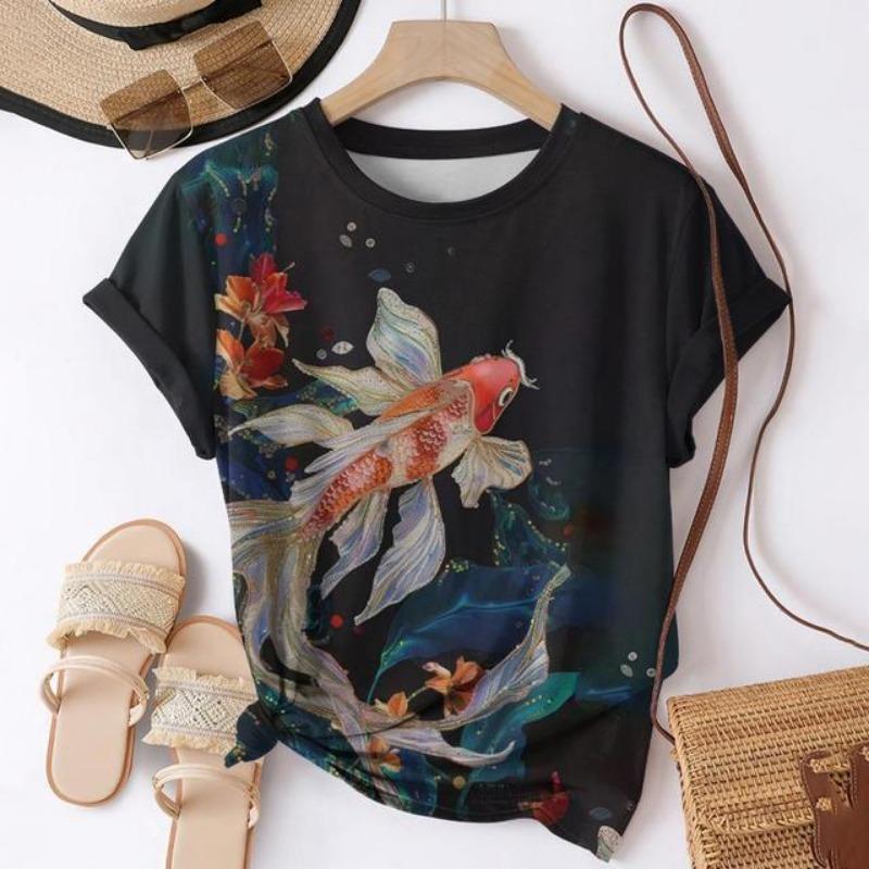 Tricouri cu imprimeu 3D de pește Koi de vară pentru femei, îmbrăcăminte de stradă, ocazional, Harajuku Y2k, tricou cu mânecă scurtă, tricouri cu gâtul în formă de tricou.