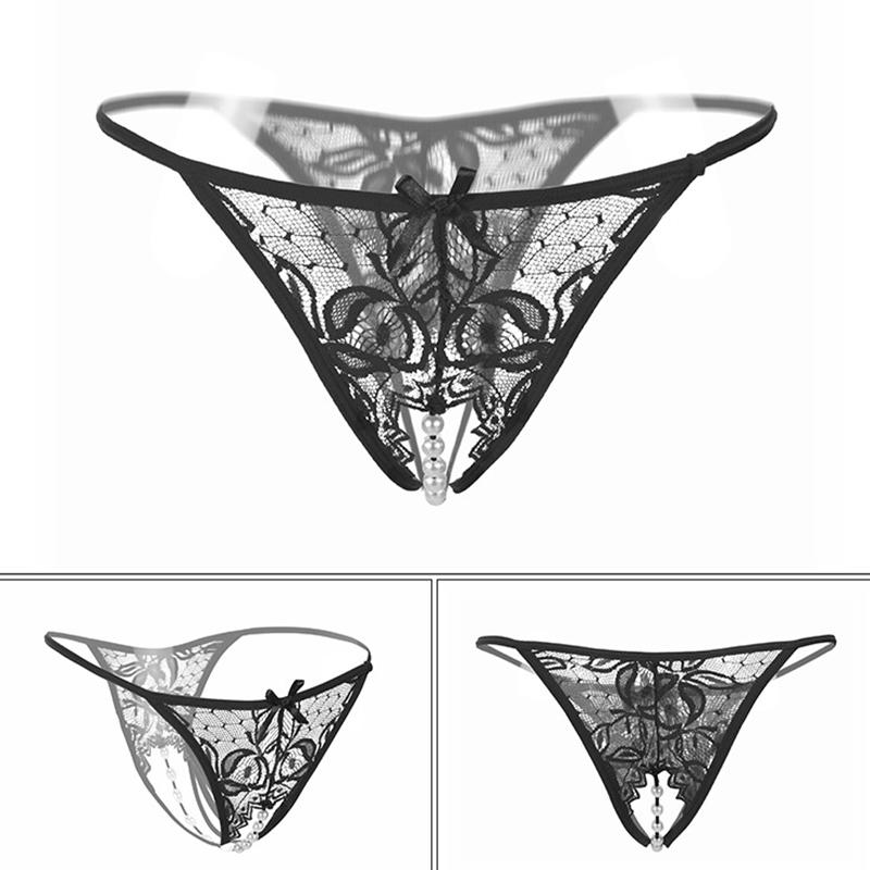 1Pc Pearl Transparent Lingerie Nylon Sexy Women Thongs Underwear Solid Color Lace Panties Open Crotch Briefs