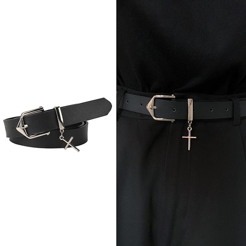 

Y2K Street Casual Cross Pendant Belt Retro Metal Pin Black Pu Leather Thin Belts Gothic Hip Hop Students Waistband as the picture