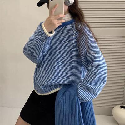 Contrast Striped Soft Waxy Sweater Women's Autumn and Winter Thickened High-end Korean Version of The Loose Pullover Sweater