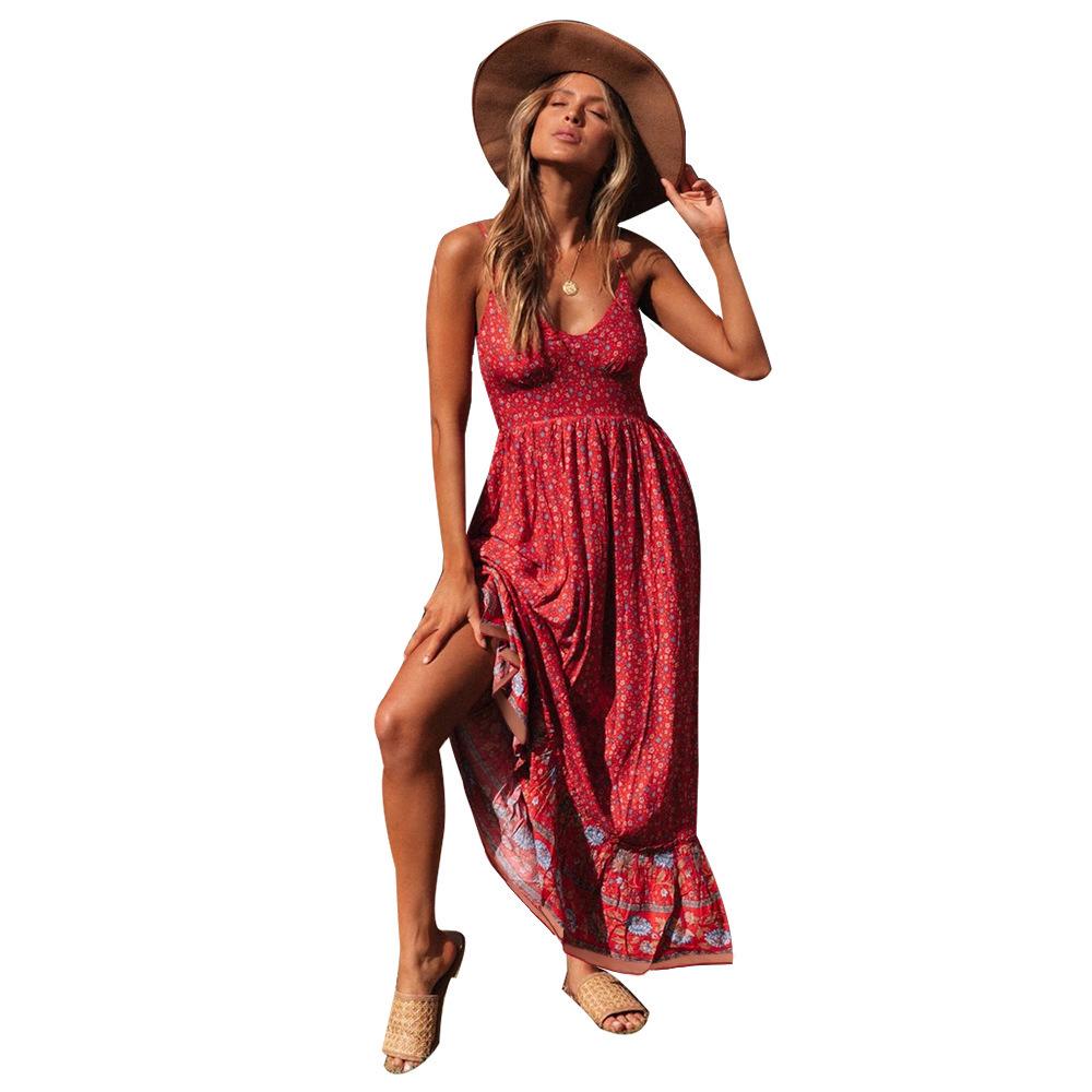 2026 Summer Bohemian V-Neck Floral Spaghetti Strap Maxi Dress for Women