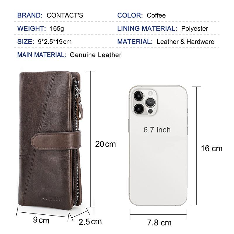 CONTACT'S Genuine Leather Men Long Wallet Phone Bag Zipper Coin Pocket Purse Male Clutch Wallet