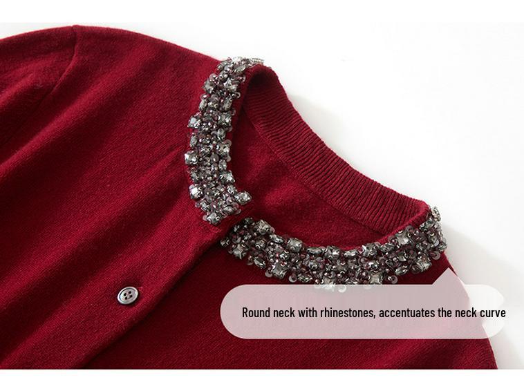 Women's Round Neck Cashmere Beaded Knit Cardigan - Autumn/Winter Solid Color Long Sleeve Versatile Fashion Sweater