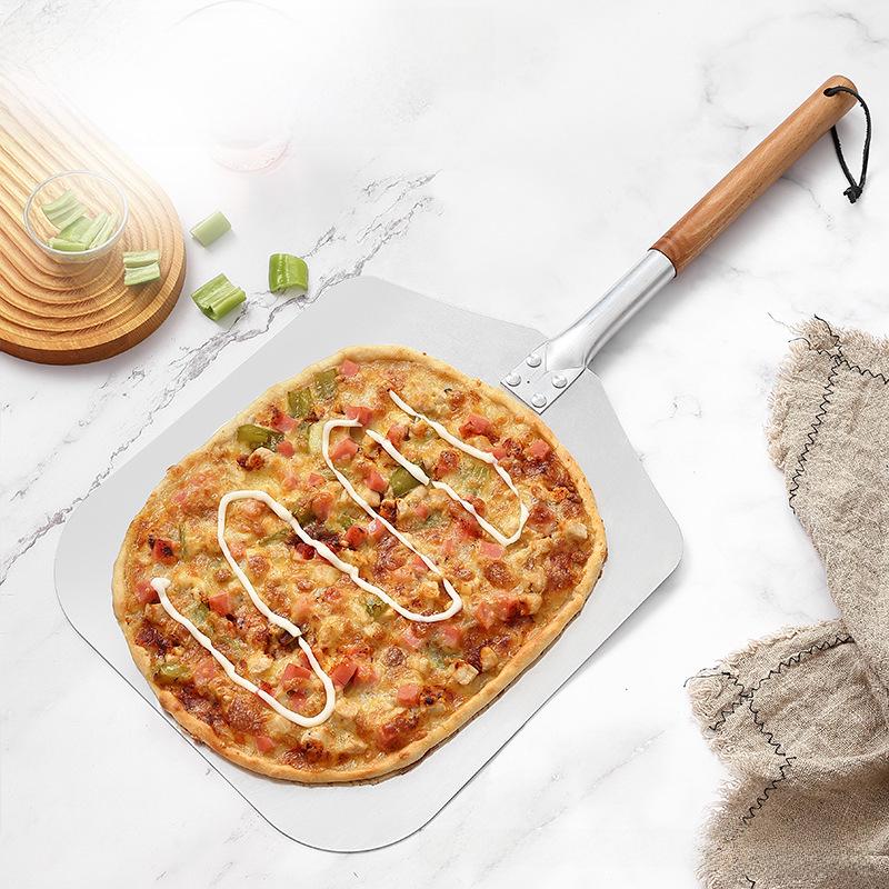 European & American 12"-14" Square Oak-Handled Aluminum Pizza Peel - Long Handle & Detachable Shovel for Oven Transfer.