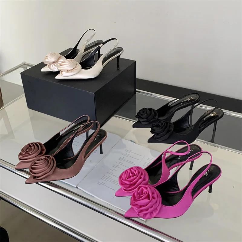 Fashion Sexy Silk Slingback Pointed Toe Women Pumps Fashion Design Flowers Thin Heels Banquet Prom Shoes