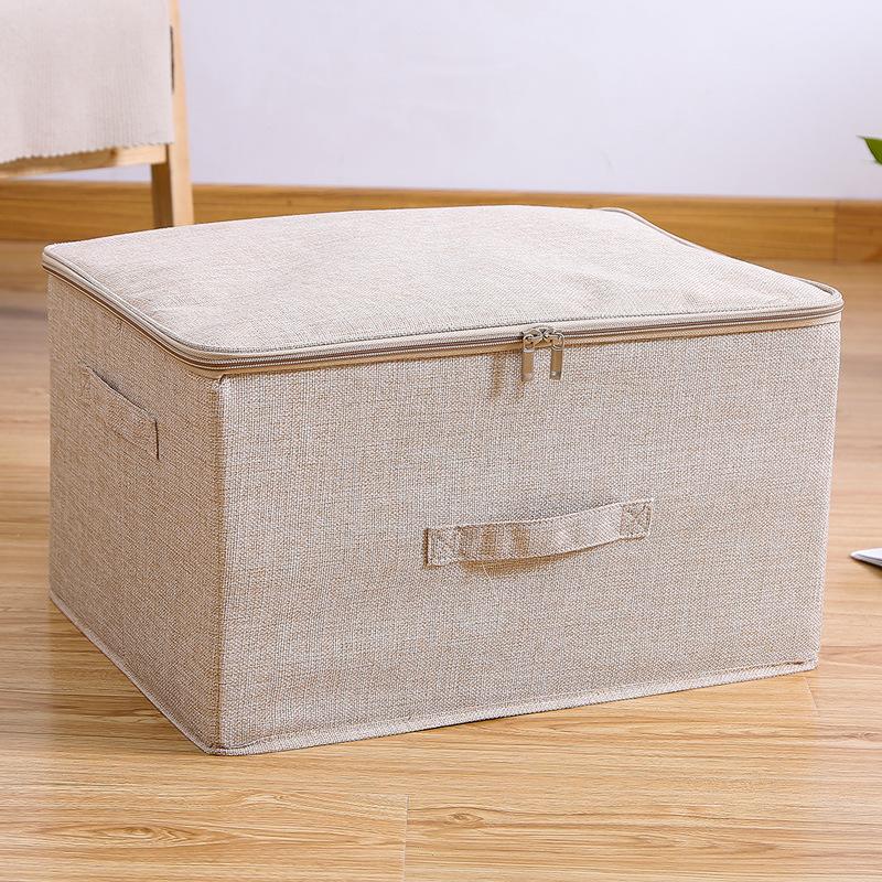 Cotton Linen Storage Box with PP Padded Bottom Foldable Zippers Storage Bag Organizer Case for Seasonal Duvets Clothes Bedding