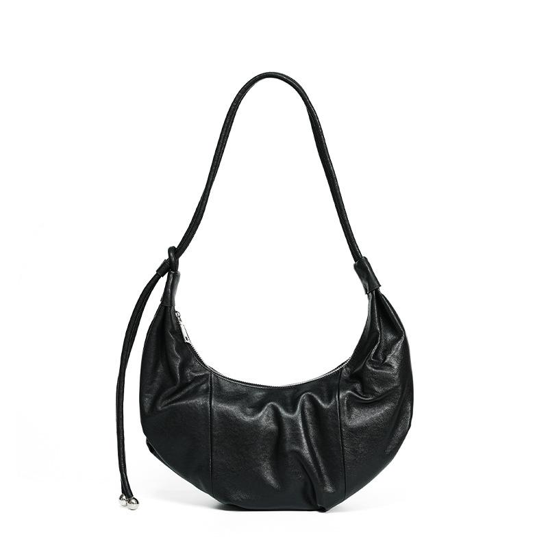 Casual Pleated First Layer Cowhide Shoulder Dumpling Bag Women's Leather Commuter Senior Sense Croissant
