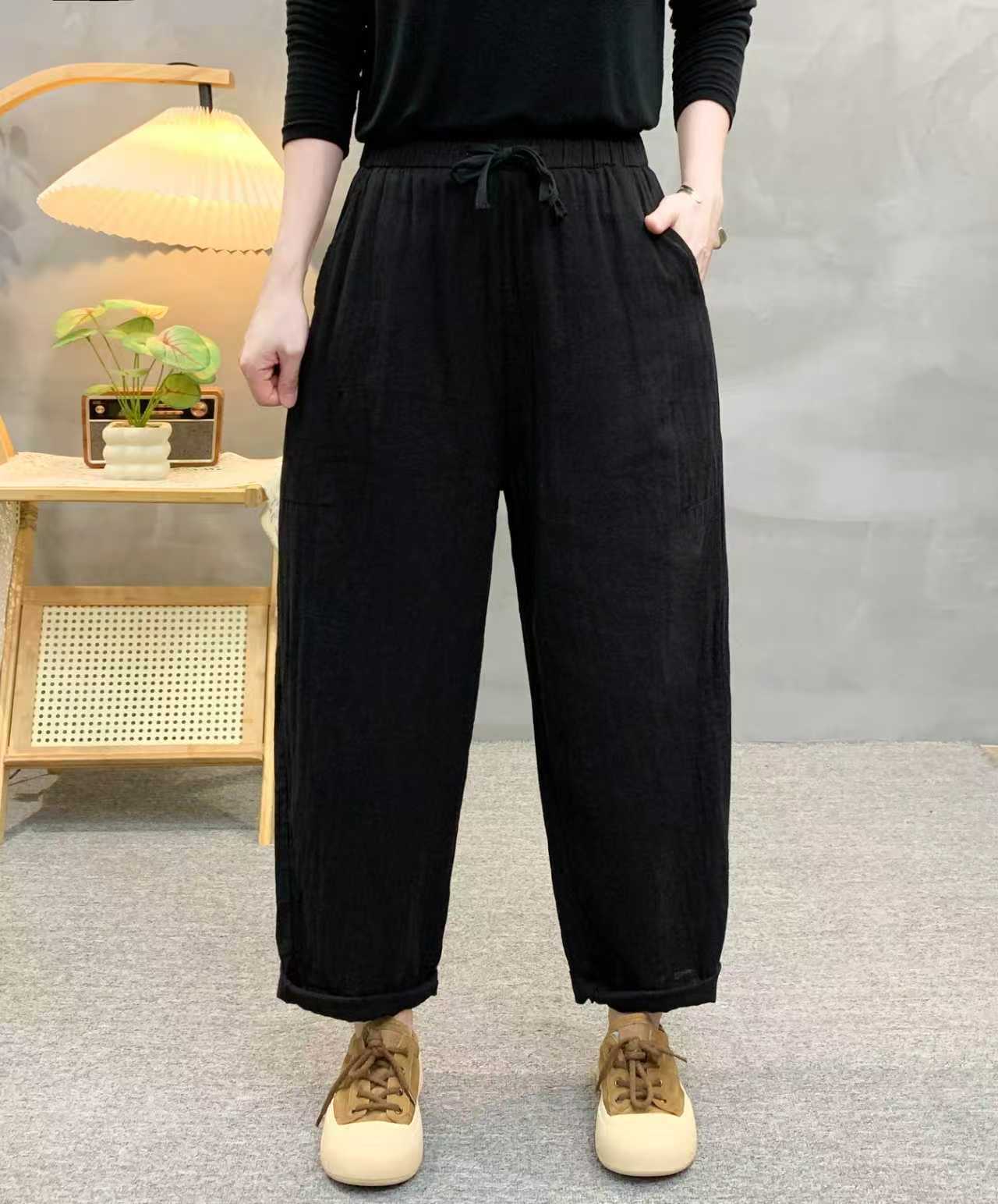 Women s High Waist Double Gauze Cotton Harem Pants Solid Color Retro Loose Casual Trousers 2XL