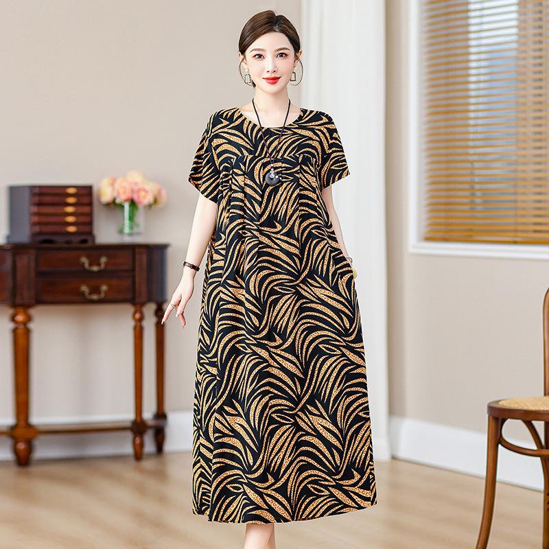 2 Neues hochwertiges florales Baumwoll-Seiden-Kleid für Damen-Sommer-Temperament, Bauchbedeckung für Mütter, große Größe künstliche Baumwolle langer Rock