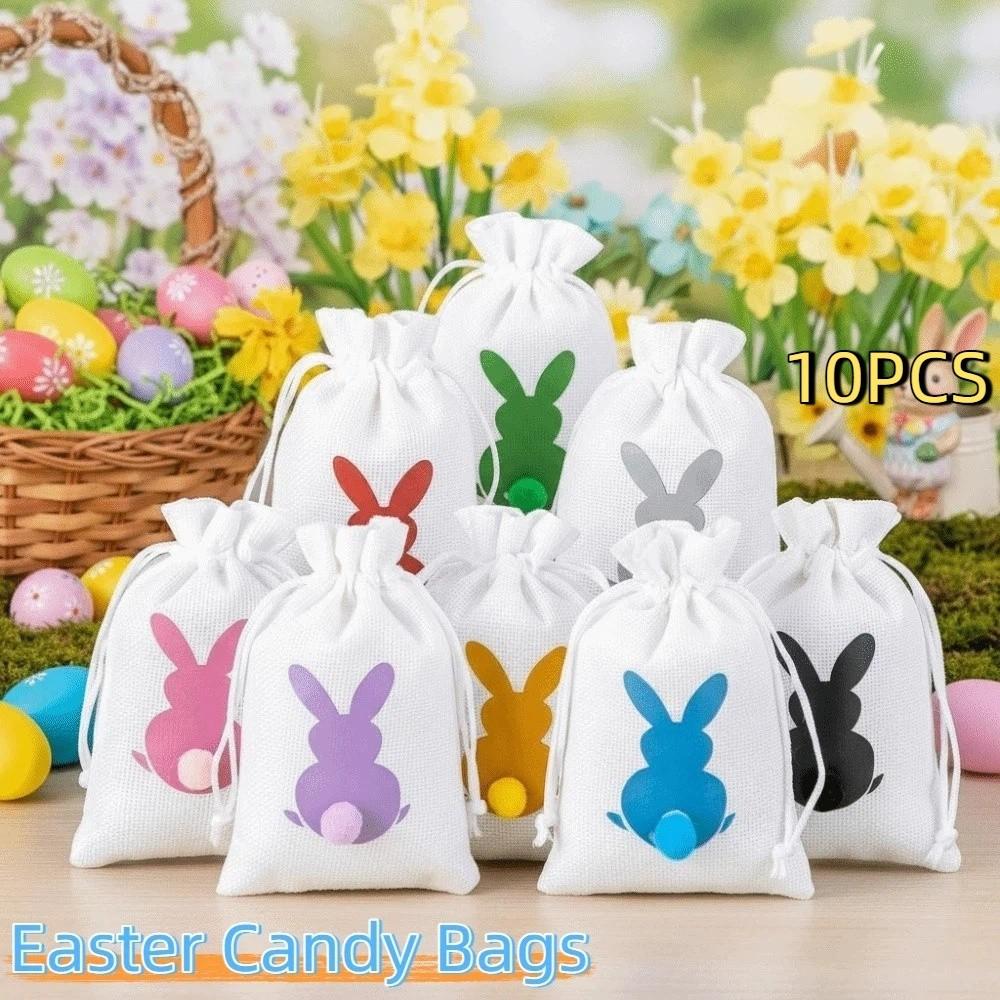 10PCS Bunny Pattern Easter Candy Bags Eco-Friendly Reusable Drawstring Gift Bags Decorative Festival Gift Packaging Bags