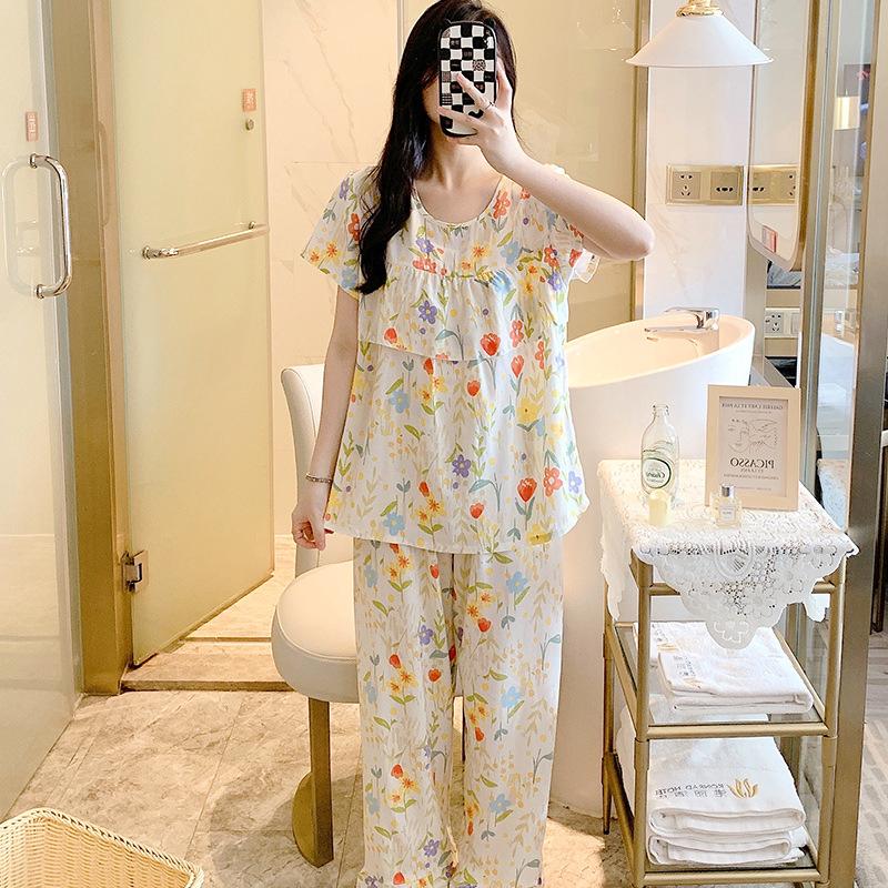 Short-sleeved Trousers Cotton and Silk Pajamas Women's Summer Thin Suit Japanese Sweet Anti-bumps Can Be Worn Outside Cotton Silk Loungewear