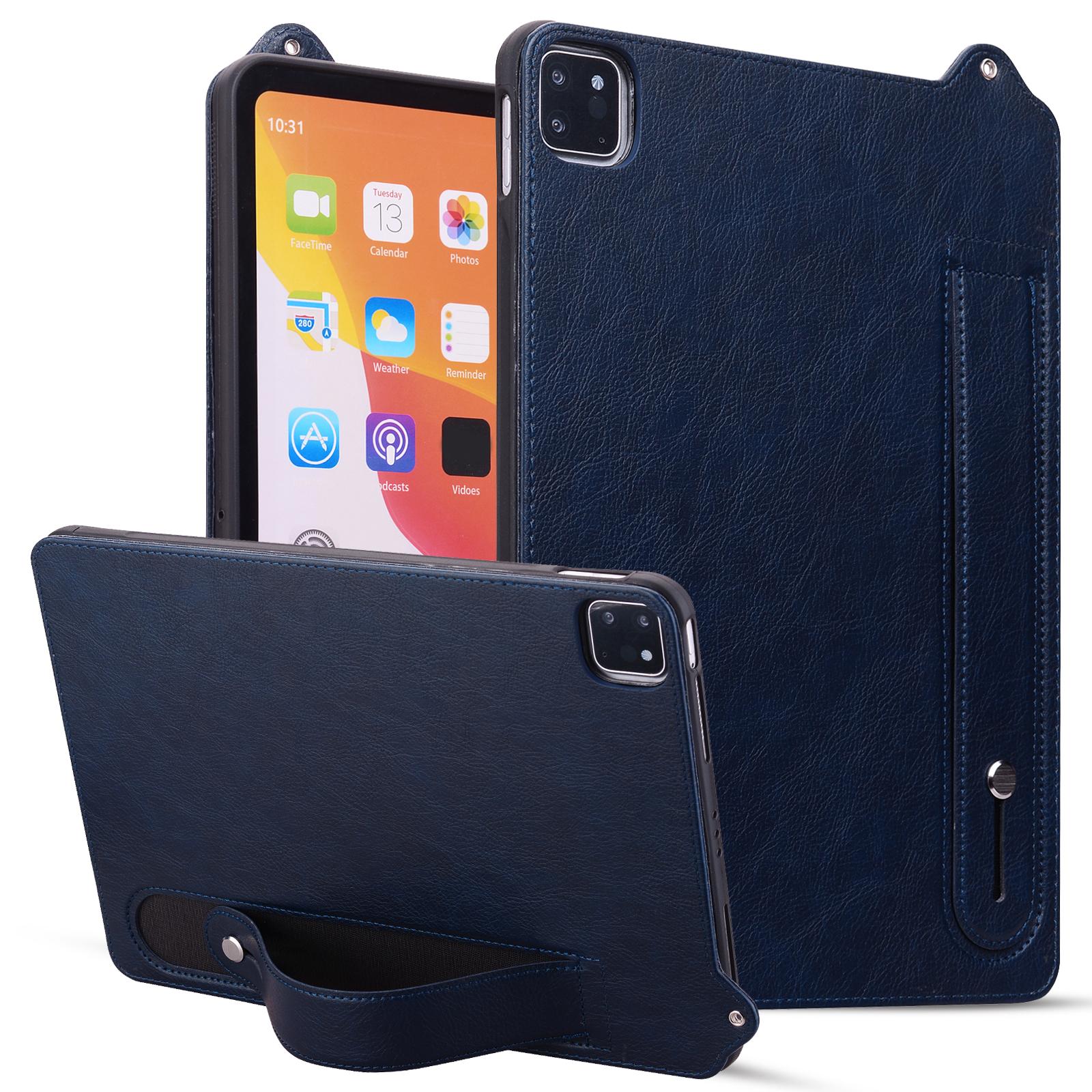 

For iPad Pro 11 (2024) Case Hand Strap Kickstand Leather Tablet Cover Blue