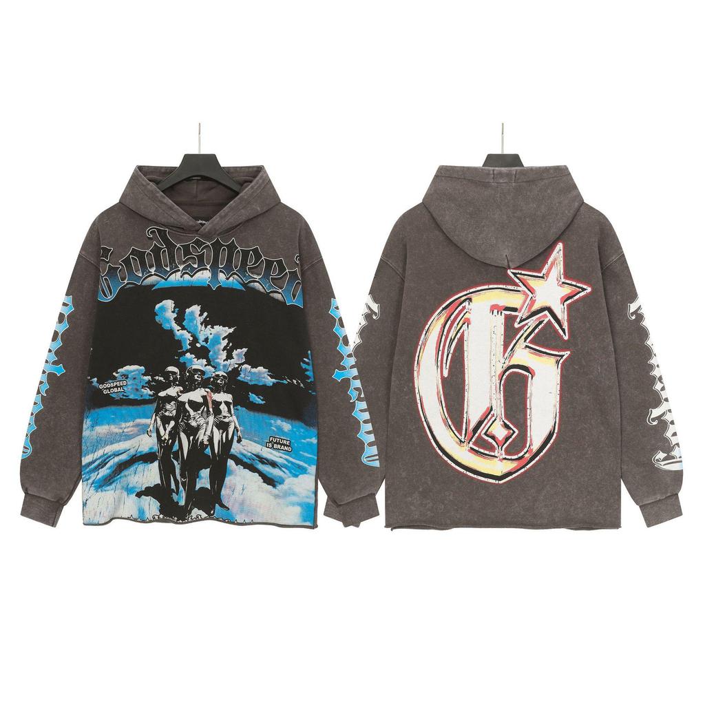 God Bless America Retro Rock Street Print Washed Hoodie - Casual Loose Fit