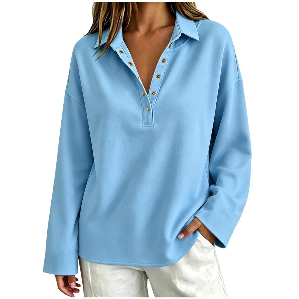 Women Long Sleeve Pullover V Neck Sweatshirt with Button Down Collar Loose Fit Casual Top for Everyday Wear