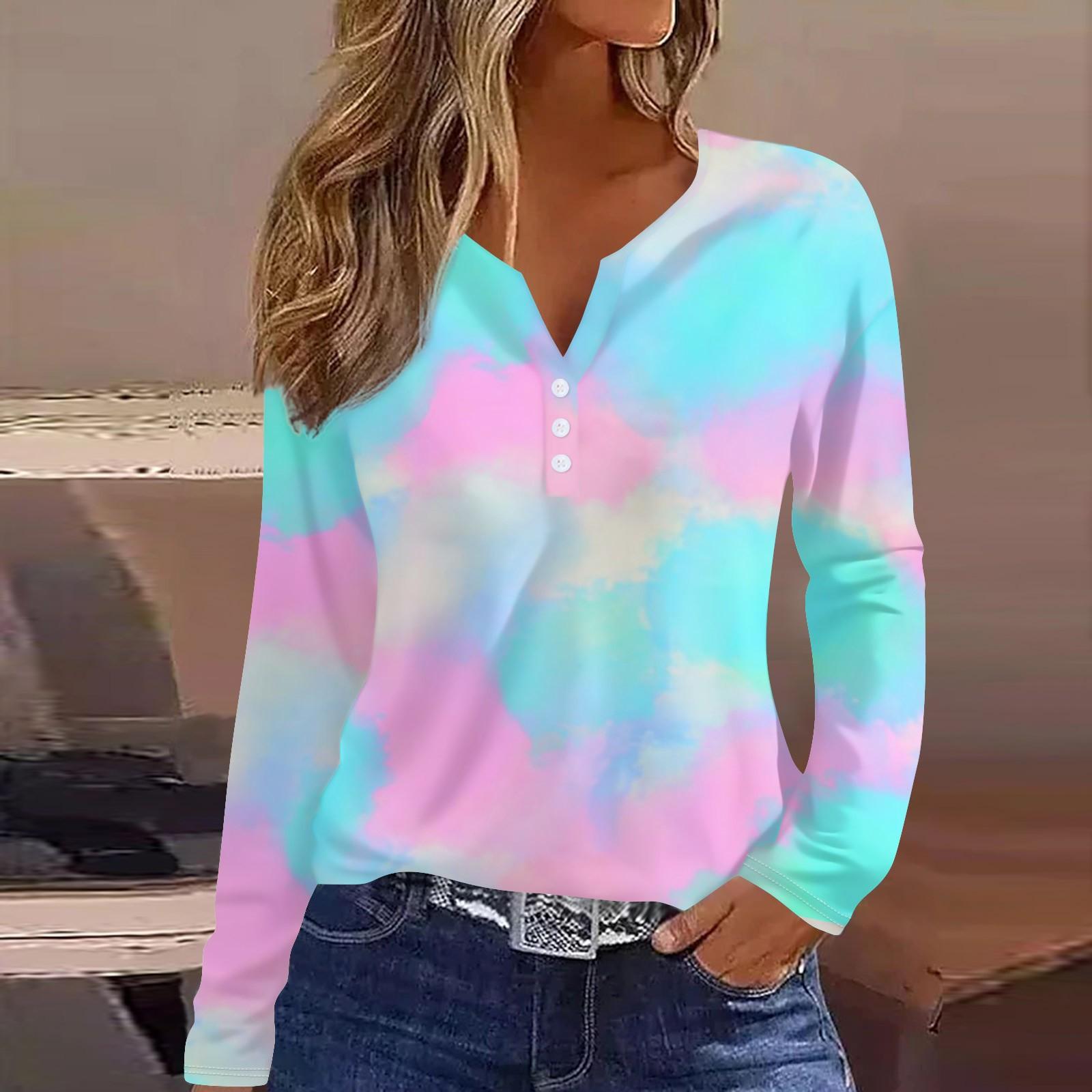 

Женская модная повседневная футболка с v-образным вырезом и длинным рукавом с принтом, топ на пуговицах XXXL разноцветный