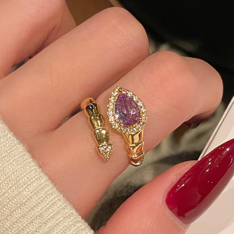 Medieval Retro Fashion Gold Serpentine Open Ring Elegant Exquisite Zircon Personalized Accessories Women