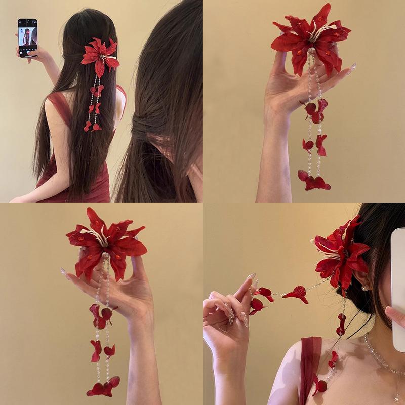Flower Duckbill Clip Simulation Flower Hairpin Glass Beads Long Tassel Hairpin Girls Women Headdress Accessory