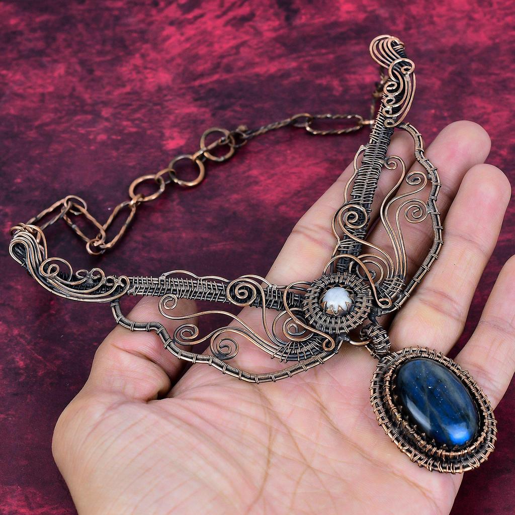 Labradorite Gemstone Necklace Adjustable Necklace Copper Wire Wrapped Rainbow Moonstone Jewelry
