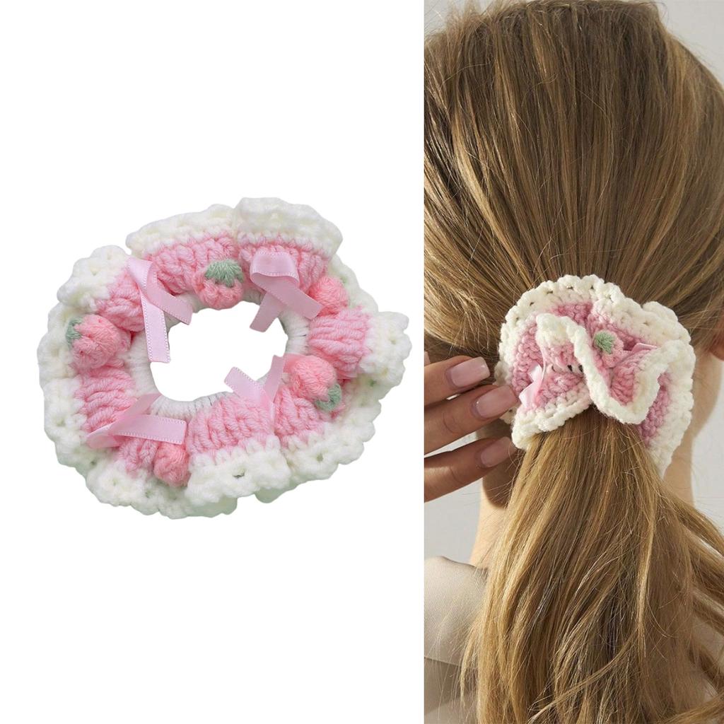 Hair Scrunchie Yarn Strawberry Flower Crochet Designs For Everyday Wear Or Special Occasion Hair Styling Accessories