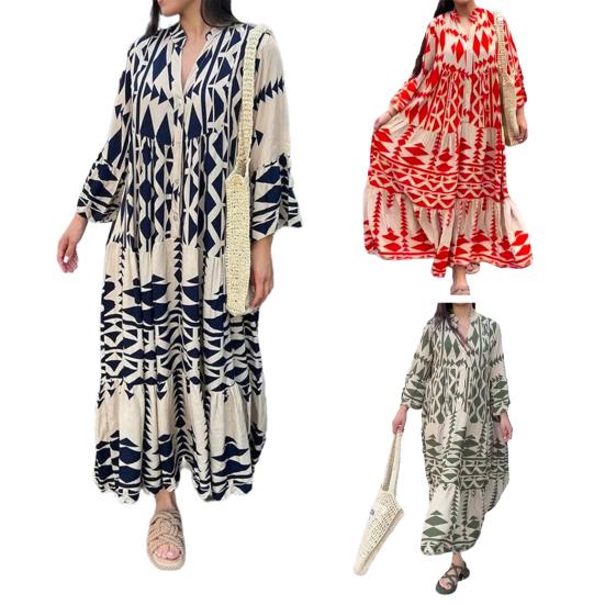 V-Ausschnitt Langarm Knöpfe Halbe Knopfleiste Plissee-Nähte Großer Saum Strandkleid Geometrisch