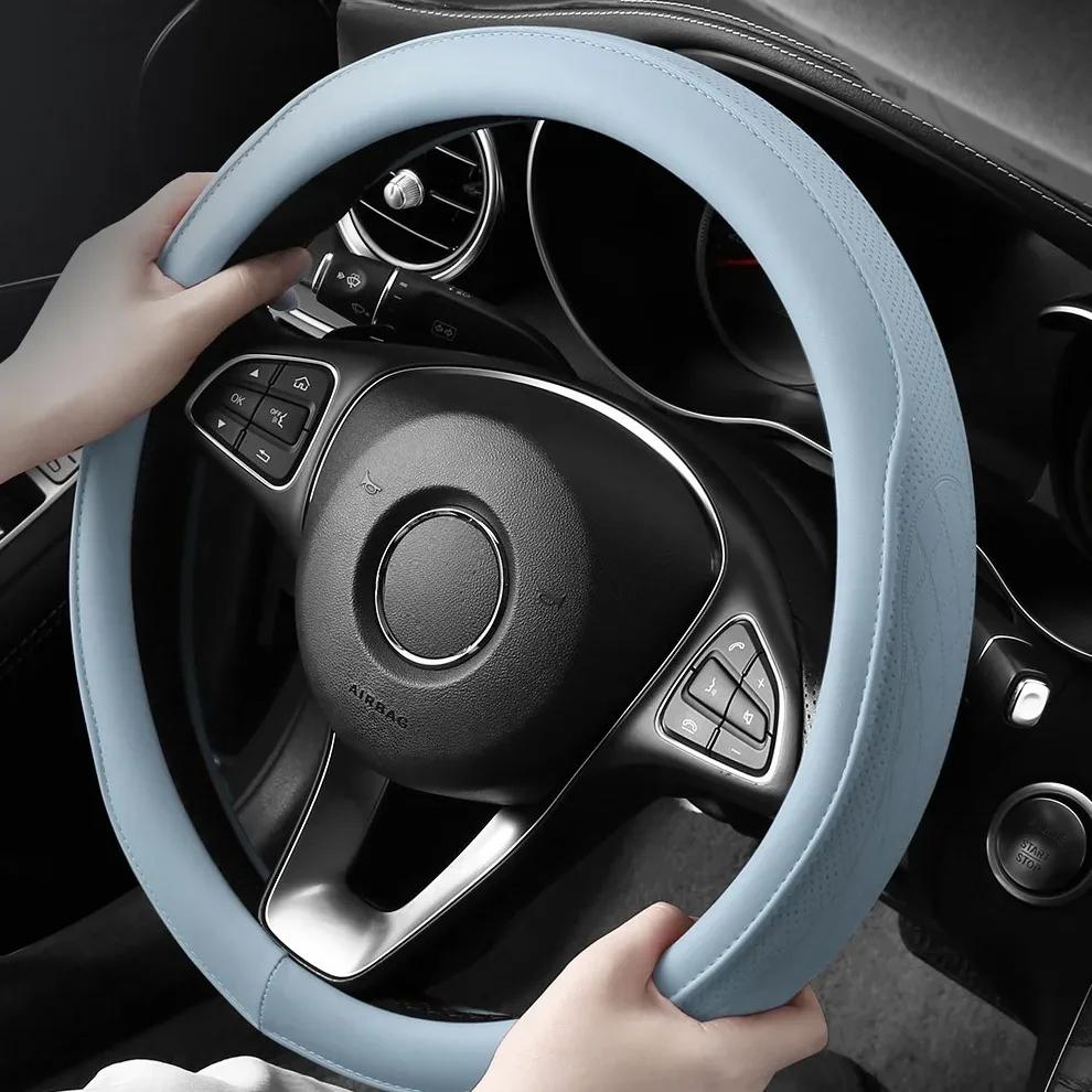 GSFWW1 Embossed PU Leather Patchwork Car Steering Wheel Cover, Non-slip, Breathable, Universal 15 Inch (Approx. 38cm)