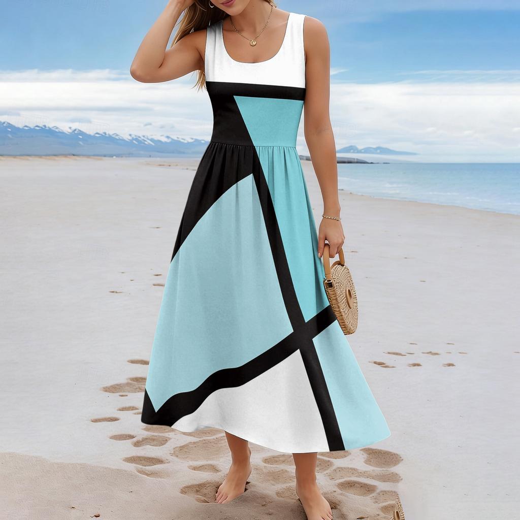 Sommerkleider für Damen UK Ärmellos Rundhalsausschnitt Geometrischer Druck Lässig A-Linie Damen Sommerkleider UK Midi-Kleid Damen Sommerkleider UK
