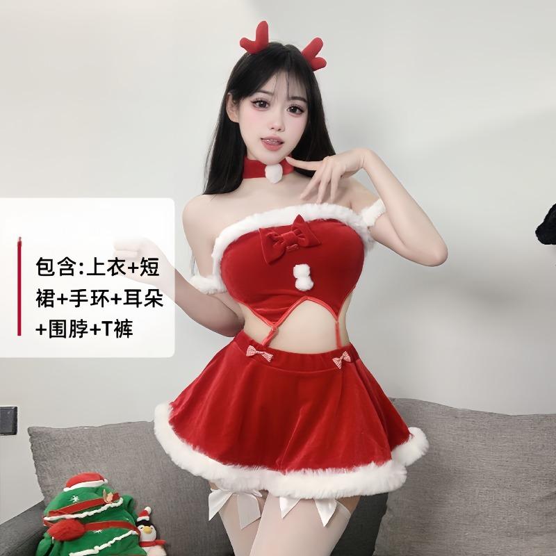 Sexy Lingerie Sexy Christmas Cos Bunny Uniform Robe Set Red Tube Top Pajamas
