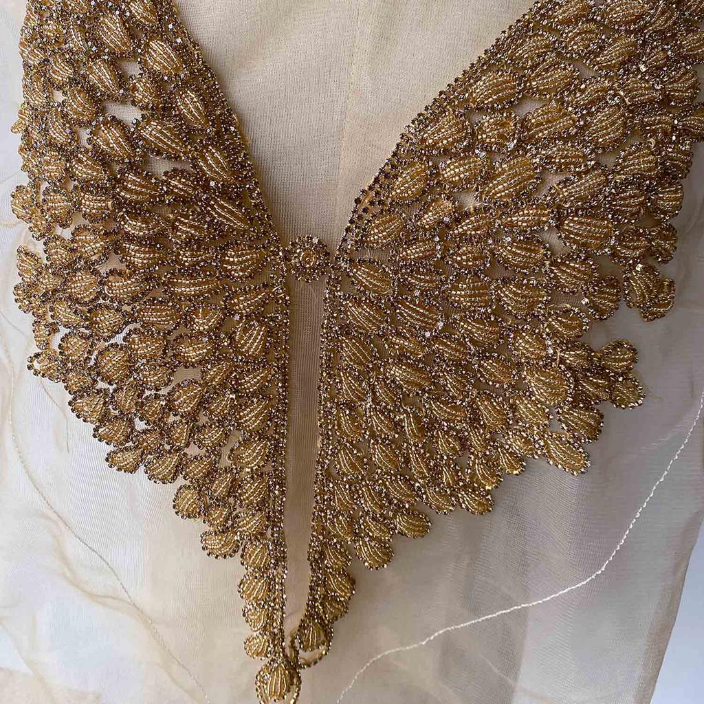 Beaded Rhinestone Crystal Fabric Bodice Applique Rose Gold Panel Pedreria Hand-Sewn Shank Style Corset Wedding Dress Evening