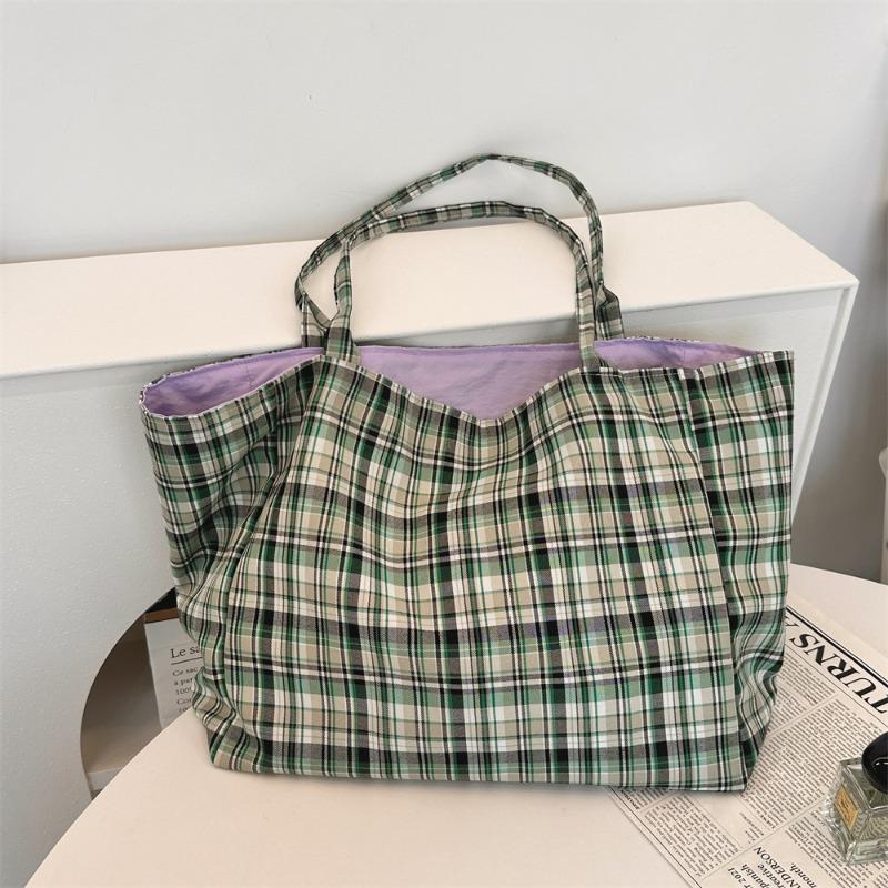 New Plaid Double-sided Dual-purpose Shoulder Bag Women's Fashion Simple Large-capacity Work Canvas Bag