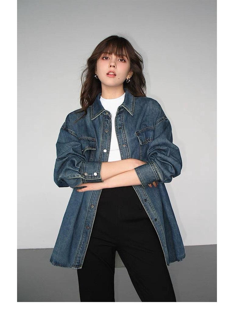 Unisex Vintage American Retro Blue Denim Shirt Jacket 2025 - Long Sleeve, Suitable for Spring, Autumn, and Winter
