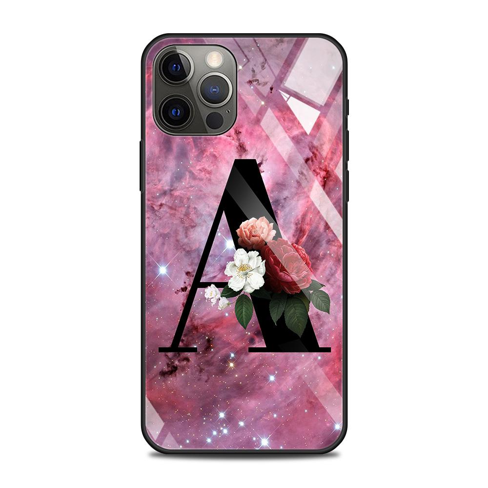 Tempered Glass Case For iPhone 14 12 11 Pro Max 13 12 Mini X XR XS Max 8 7 6s Plus Silicone Shell Letter A B Flowers Pink