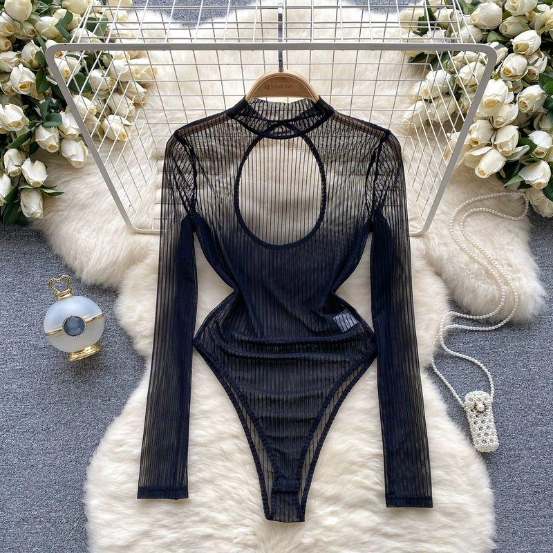 

Fashion Jumpsuit Tops Women s Autumn New Arrival Sexy Sheer Mesh Long Sleeves Silm Easiest for Match Scheming Hollow Backless Black All yards