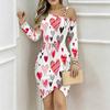 Women Plus Size Oblique Cold Shoulder Long Sleeve Watercolor Mixed Heart Print Irregular Slit Bodycon Midi Dress