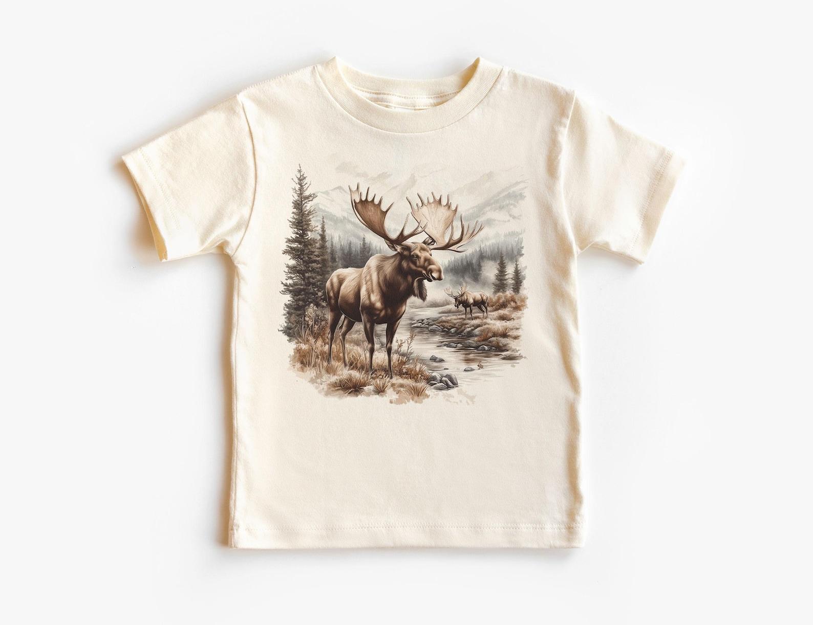 Retro Bull Moose Wilderness Scene Shirt - 90s Moose Wildlife Tees - Winter Moose Forest Nature- Adult, Unisex, Kids Unisex Graphic T-Shirt 160