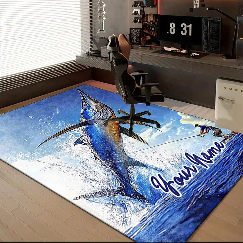 1PC Custom Name Swordfish Catch Adventure Theme Floor Mat Ideal for Living Room, Game Rooms, Office, Bedroom,Floor Mat Playful Design